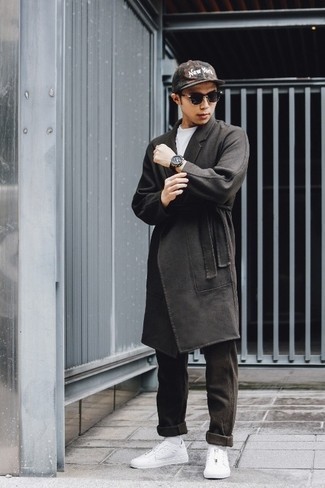 Men's Charcoal Overcoat, White Crew-neck T-shirt, Dark Brown Chinos, White Canvas Low Top Sneakers
