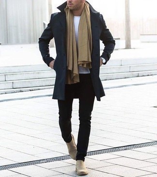 Tan Scarf Outfits For Men: If you love modern casual combos, then you'll appreciate this combination of a navy overcoat and a tan scarf. Finishing off with beige suede chelsea boots is a simple way to add some extra flair to this ensemble.