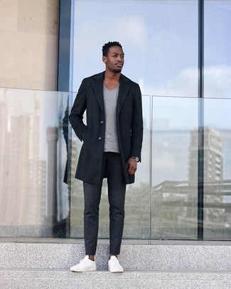 Blue Overcoat Outfits: A blue overcoat and charcoal chinos teamed together are a match made in heaven for those dressers who prefer casually smart styles. With shoes, you could follow the casual route with white canvas low top sneakers.
