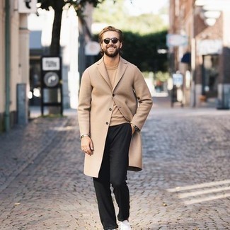 Men's Camel Overcoat, Tan Crew-neck T-shirt, Black Chinos, White Canvas Low Top Sneakers