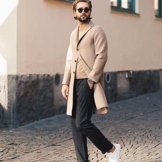 Camel Overcoat Warm Weather Outfits: A camel overcoat and black chinos married together are the ideal combo for those dressers who appreciate sophisticated styles. Finishing off with white canvas low top sneakers is a guaranteed way to bring a sense of stylish casualness to this outfit.