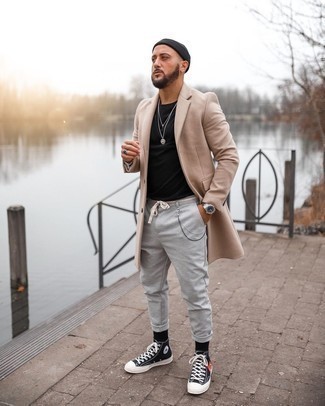 Camel Overcoat Casual Outfits: This pairing of a camel overcoat and grey chinos is ideal when you need to look effortlessly classic in a flash. Finishing with a pair of black print canvas high top sneakers is a simple way to inject a touch of stylish effortlessness into this getup.