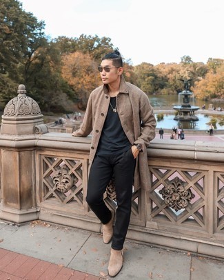 Black Chinos Chill Weather Outfits: Teaming a camel plaid overcoat and black chinos is a surefire way to infuse your wardrobe with some rugged elegance. A pair of beige suede chelsea boots immediately ups the style factor of this look.