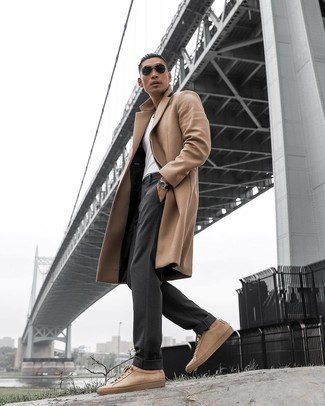 Camel Overcoat Warm Weather Outfits: Such must-haves as a camel overcoat and charcoal chinos are an easy way to introduce a hint of rugged elegance into your daily routine. Feeling creative? Mix things up by sporting tan suede low top sneakers.