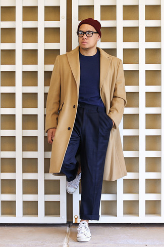 Navy Check Chinos Outfits: This pairing of a camel overcoat and navy check chinos is a winning option when you need to look effortlessly smart but have no extra time. Finish off your outfit with a pair of white canvas low top sneakers to mix things up a bit.
