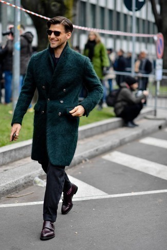 Teal Overcoat Outfits: Choose a teal overcoat and charcoal chinos to achieve an interesting and modern-looking ensemble. Introduce a pair of burgundy leather double monks to the equation to completely change up the getup.