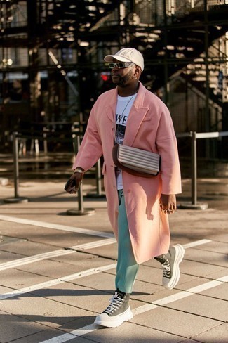 Men's Pink Overcoat, White and Black Print Crew-neck T-shirt, Mint Chinos, Black and White Canvas High Top Sneakers