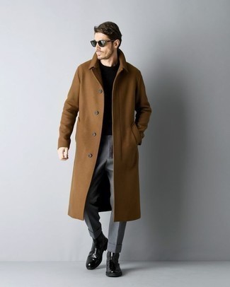 Men's Brown Overcoat, Black Crew-neck T-shirt, Grey Chinos, Black Leather Chelsea Boots