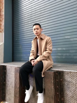 Men's Camel Overcoat, Pink Crew-neck T-shirt, Black Corduroy Chinos, White Canvas Low Top Sneakers