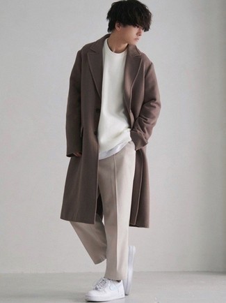 Men's Brown Overcoat, White Crew-neck T-shirt, Beige Chinos, White and Blue Leather Low Top Sneakers