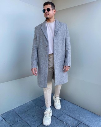 Men's Grey Overcoat, White Crew-neck T-shirt, Beige Chinos, White Canvas Low Top Sneakers