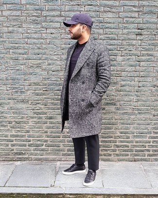 Purple Baseball Cap Outfits For Men: A charcoal plaid overcoat and a purple baseball cap are the kind of casual must-haves that you can wear for years to come. Serve a little outfit-mixing magic by slipping into black leather low top sneakers.