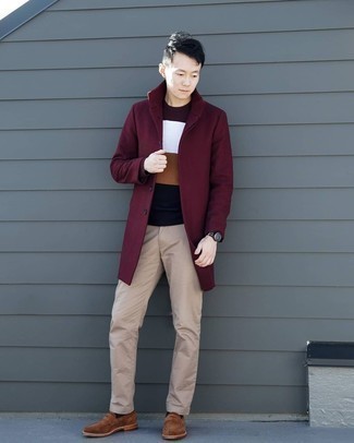 Black Horizontal Striped Canvas Watch Outfits For Men: On days when comfort is a must, this pairing of a burgundy overcoat and a black horizontal striped canvas watch is always a winner. Brown suede loafers will bring an air of polish to an otherwise simple look.
