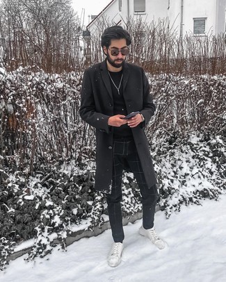 Men's Black Overcoat, Black Crew-neck T-shirt, Black Check Chinos, White Leather Low Top Sneakers