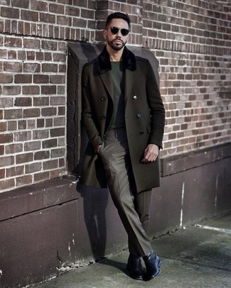 Olive Overcoat Outfits: An olive overcoat and olive dress pants are absolute must-haves if you're putting together a classic wardrobe that holds to the highest sartorial standards. You could perhaps get a bit experimental on the shoe front and play down your look by rocking black leather chelsea boots.