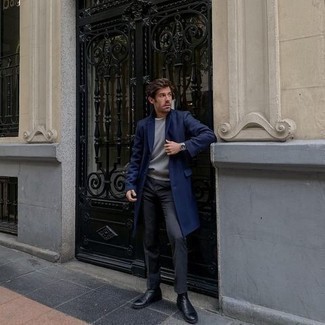 Charcoal Dress Pants Outfits For Men: For a look that's elegant and absolutely GQ-worthy, pair a blue overcoat with charcoal dress pants. Black leather chelsea boots will give a dressed-down touch to an otherwise mostly classic outfit.