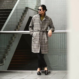 500+ Chill Weather Outfits For Men: A grey plaid overcoat and black jeans are the kind of a winning getup that you need when you have zero time to dress up. Black leather loafers are guaranteed to bring a hint of elegance to your getup.