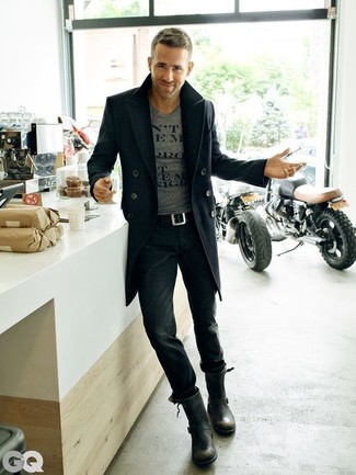 Ryan Reynolds wearing Black Overcoat, Grey Print Crew-neck T-shirt, Black Jeans, Black Leather Casual Boots