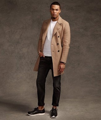 Camel Overcoat Casual Outfits: Such pieces as a camel overcoat and black jeans are the ideal way to introduce some rugged sophistication into your off-duty styling collection. For something more on the daring side to complement this getup, complement this ensemble with a pair of black and white athletic shoes.