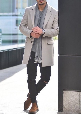 Black Pants with Brown Shoes Outfits For Men: Pair a grey overcoat with black pants for relaxed dressing with a fashionable spin. Showcase your classy side by rounding off with brown suede chelsea boots.