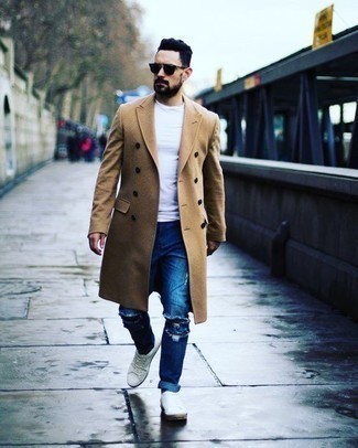 Men's Camel Overcoat, White Crew-neck T-shirt, Blue Ripped Jeans, White Canvas Low Top Sneakers