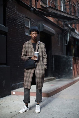 Navy Beanie Outfits For Men: A grey plaid overcoat and a navy beanie are a savvy combination worth having in your day-to-day casual rotation. If you want to immediately bump up your ensemble with shoes, add a pair of white canvas low top sneakers to this outfit.