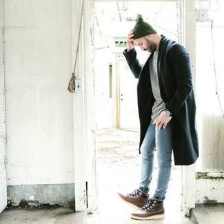 Olive Beanie Outfits For Men: Opt for a navy overcoat and an olive beanie to assemble an edgy and functional outfit. For a more laid-back touch, enter a pair of brown leather work boots into the equation.