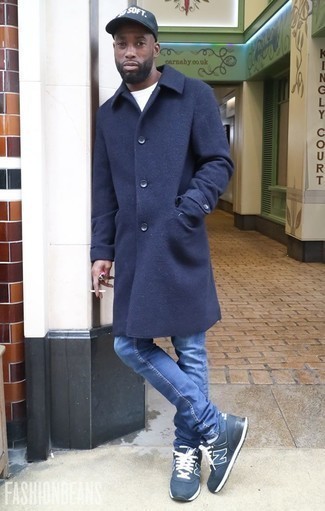 Navy Overcoat Outfits: A navy overcoat and blue jeans worn together are a match made in heaven for those dressers who love refined styles. A trendy pair of navy athletic shoes is an easy way to add a touch of stylish nonchalance to this outfit.