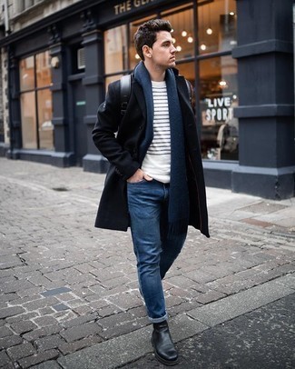 Navy Scarf Outfits For Men: A black overcoat and a navy scarf worn together are a match made in heaven for gentlemen who appreciate laid-back combos. Feeling creative? Jazz things up by rounding off with a pair of black leather chelsea boots.