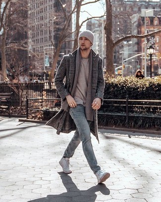 White Canvas High Top Sneakers Outfits For Men: If the occasion calls for a casually classic menswear style, wear a charcoal plaid overcoat and light blue jeans. On the shoe front, go for something on the relaxed end of the spectrum with a pair of white canvas high top sneakers.