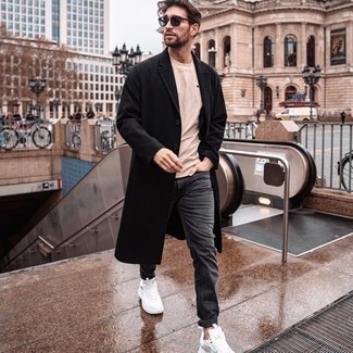 Charcoal Jeans Outfits For Men: For a look that's absolutely camera-worthy, wear a black overcoat with charcoal jeans. White athletic shoes will give a more laid-back touch to an otherwise classic getup.