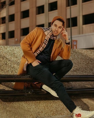 Tobacco Beanie Outfits For Men: This pairing of a tobacco overcoat and a tobacco beanie makes for the perfect base for a myriad of looks. Our favorite of a great number of ways to round off this outfit is with beige print canvas high top sneakers.