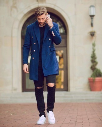 Beige Leather Bracelet Outfits For Men: A navy overcoat and a beige leather bracelet teamed together are a great match. Choose a pair of white canvas low top sneakers and off you go looking incredible.