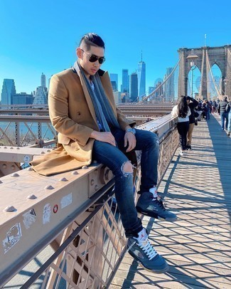 Men's Camel Overcoat, White Crew-neck T-shirt, Navy Ripped Jeans, Navy Print Leather High Top Sneakers