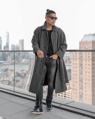 Charcoal Herringbone Overcoat Outfits: Such items as a charcoal herringbone overcoat and charcoal ripped jeans are an easy way to inject extra cool into your daily repertoire. Black leather high top sneakers will add a relaxed aesthetic to the outfit.