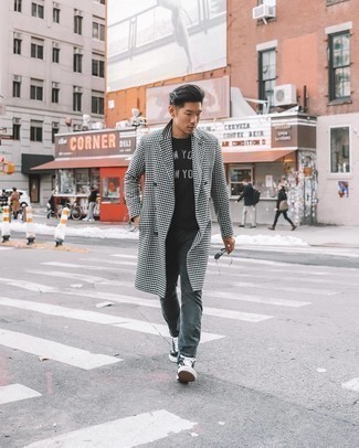 Men's Black and White Gingham Overcoat, Black and White Print Crew-neck T-shirt, Charcoal Jeans, Black and White Canvas Low Top Sneakers