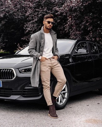Grey Leather Watch Outfits For Men: One of the best ways for a man to style a grey overcoat is to marry it with a grey leather watch in a relaxed combo. If you need to immediately dial up this outfit with a pair of shoes, why not add dark brown suede chelsea boots to your look?