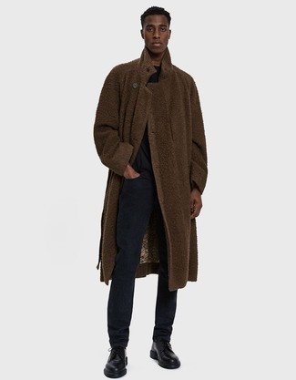 Dark Brown Overcoat Outfits: For an outfit that's semi-casual and gasp-worthy, reach for a dark brown overcoat and black jeans. Black leather derby shoes are an easy way to punch up this outfit.