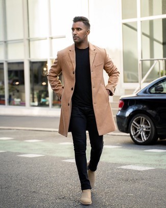 Beige Suede Chelsea Boots Outfits For Men: This combination of a camel overcoat and navy jeans will add effortlessly refined essence to your look. To add a bit of classiness to this look, complement this ensemble with a pair of beige suede chelsea boots.