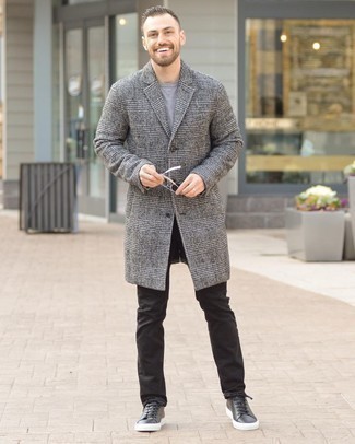 Black Jeans Outfits For Men: Marry a grey plaid overcoat with black jeans and you'll assemble a proper and polished menswear style. Go off the beaten path and jazz up your look by rocking a pair of black leather low top sneakers.