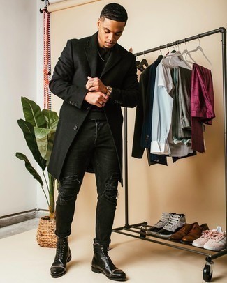 Black Ripped Jeans Outfits For Men: If it's comfort and practicality that you're seeking in a look, go for a black overcoat and black ripped jeans. If you need to immediately perk up this ensemble with a pair of shoes, why not introduce a pair of black leather casual boots to this getup?