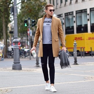 Men's Camel Overcoat, Grey Print Crew-neck T-shirt, Black Ripped Skinny Jeans, White Low Top Sneakers