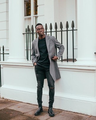 Grey Ripped Jeans Outfits For Men: This laid-back combo of a grey overcoat and grey ripped jeans couldn't possibly come across as anything other than incredibly stylish. Add a pair of black leather chelsea boots to effortlessly step up the style factor of this outfit.