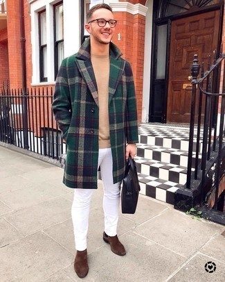Men's Dark Green Plaid Overcoat, Tan Crew-neck T-shirt, White Skinny Jeans, Brown Suede Chelsea Boots