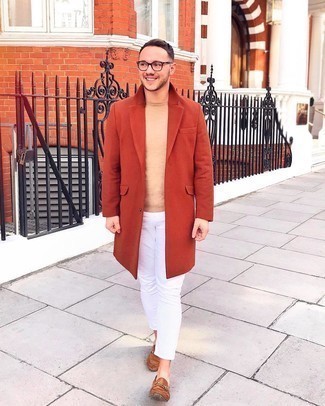 White Skinny Jeans Outfits For Men: Try teaming a tobacco overcoat with white skinny jeans to achieve an everyday ensemble that's full of charm and character. Bring a different twist to an otherwise mostly casual ensemble by wearing a pair of brown suede loafers.