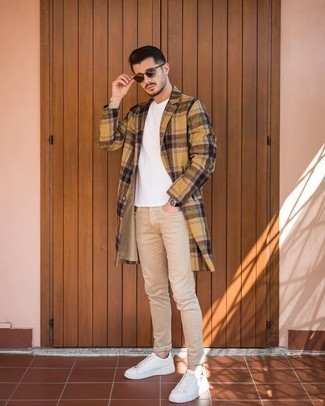 Men's Yellow Plaid Overcoat, White Crew-neck T-shirt, Beige Skinny Jeans, White Leather Low Top Sneakers