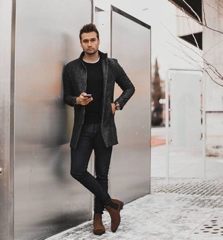 Skinny Jeans Outfits For Men: Show off your prowess in men's fashion by opting for this casual pairing of a charcoal overcoat and skinny jeans. Go ahead and complete your outfit with dark brown suede chelsea boots for a sense of sophistication.