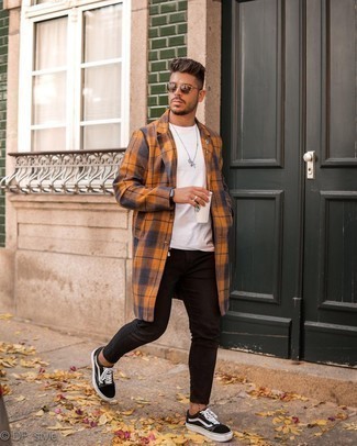 Men's Orange Check Overcoat, White Crew-neck T-shirt, Black Skinny Jeans, White and Black Canvas Low Top Sneakers