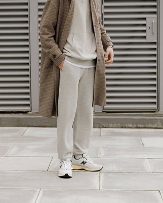 Men's Camel Houndstooth Overcoat, White Crew-neck T-shirt, Grey Track Suit, White and Black Athletic Shoes