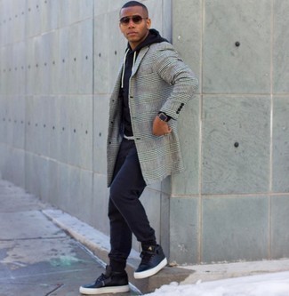 Men's Grey Plaid Overcoat, White Crew-neck T-shirt, Navy Track Suit, Black Leather Low Top Sneakers